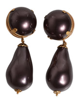 Dolce & Gabbana Gold Brass Black Pearl Clip On Dangling Jewelry Earrings